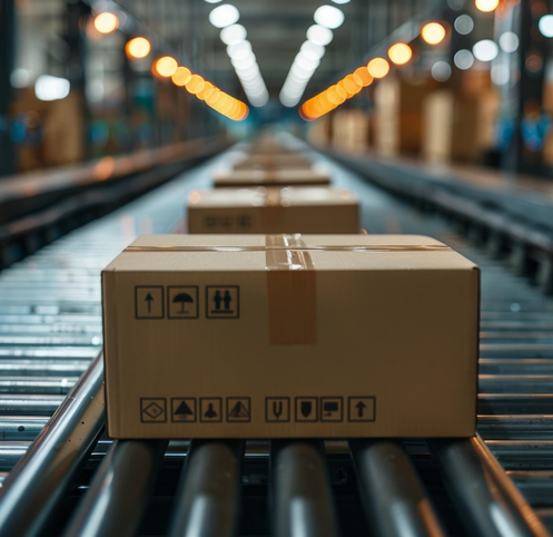 Cardboard box on a conveyor belt in a warehouse