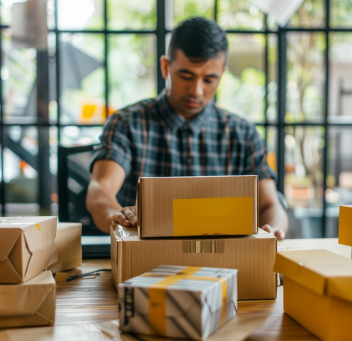Man scanning and organizing shipment boxes