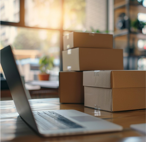 Laptop and shipping boxes near window