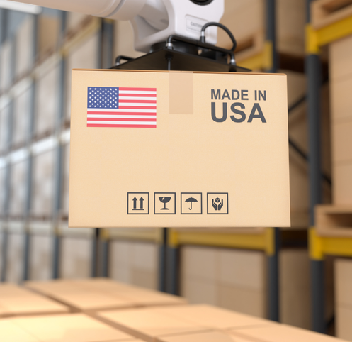 Package labeled Made in USA on warehouse shelf