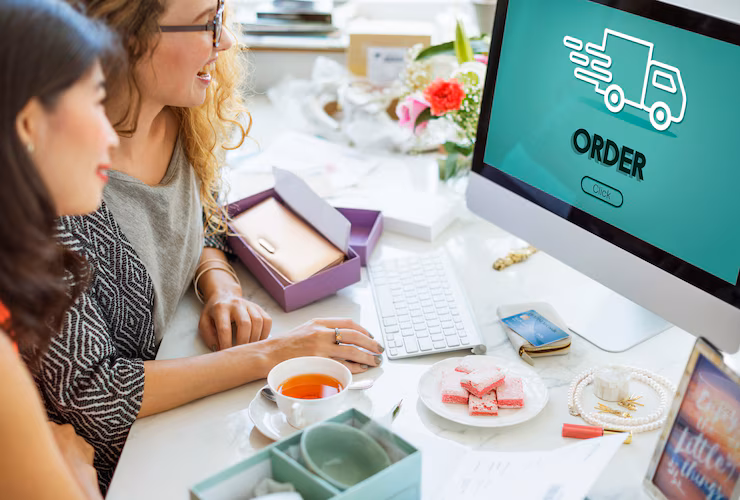 Team of women working on e-commerce strategy at a desk with laptop and product visuals
