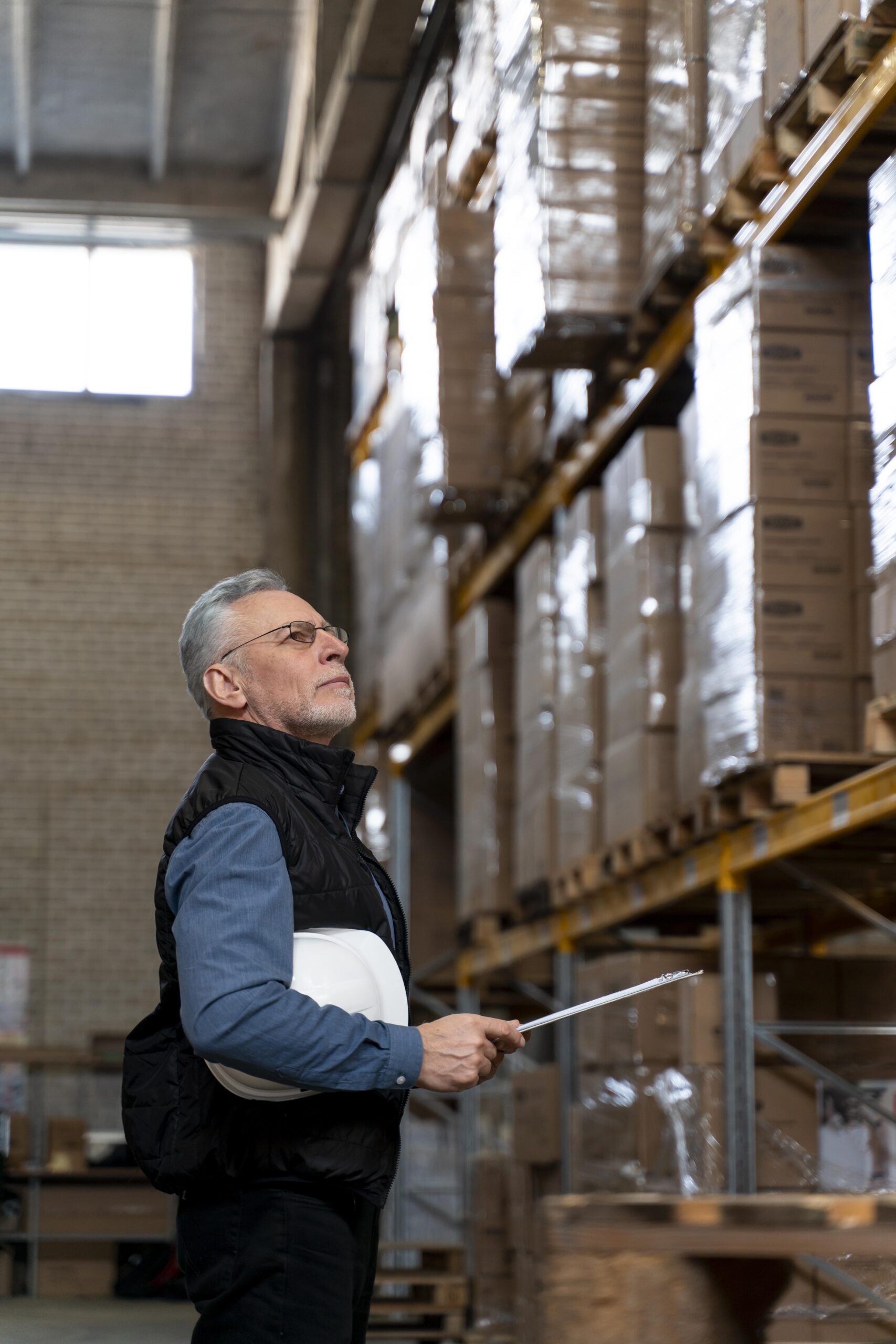 Warehouse supervisor inspecting inventory on high shelves